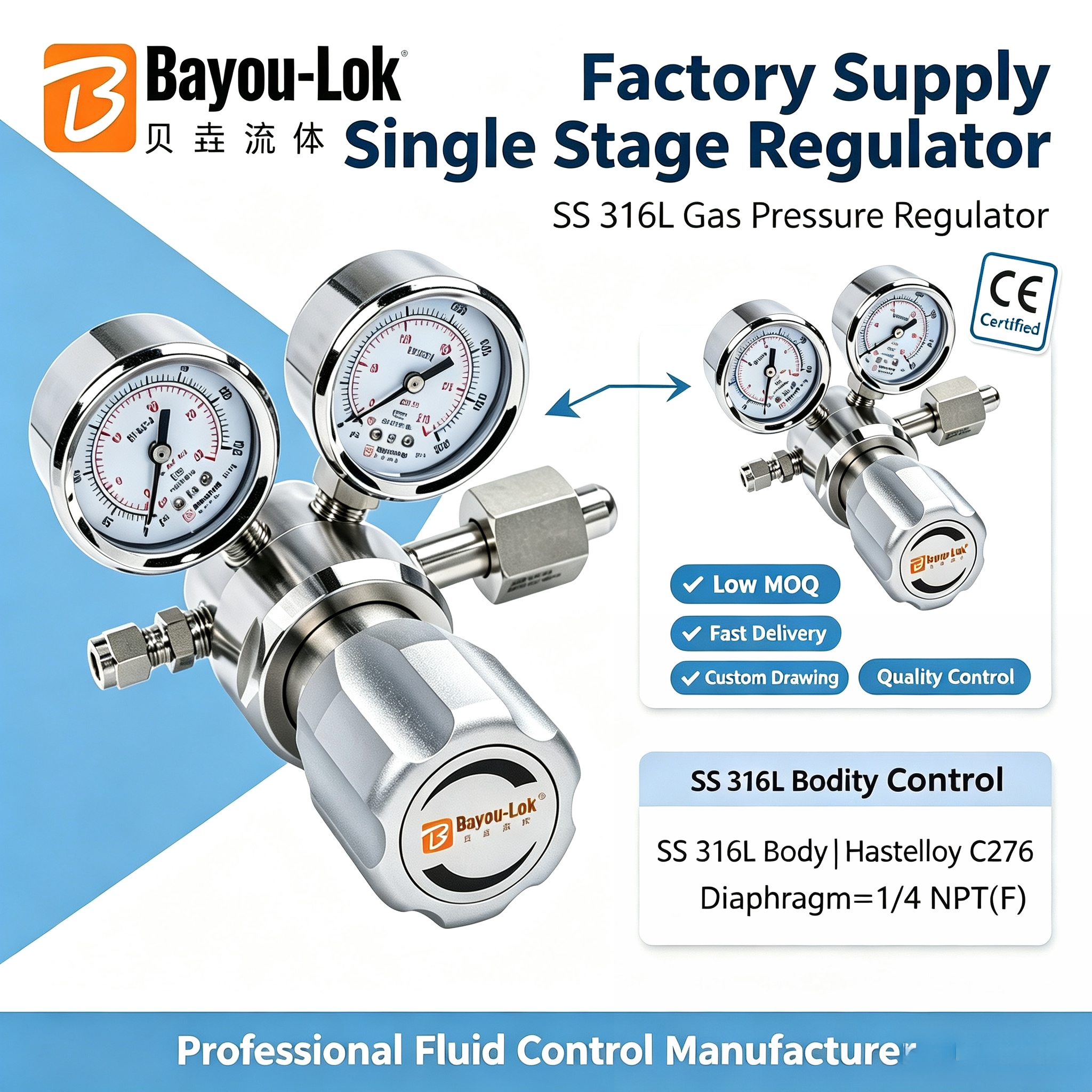 B11 316L Stainless Steel High Pressure Gas Regulator Hastelloy C276 Diaphragm Pressure Reducing Valve for UHP H2 N2 CO2 Ar O2 He